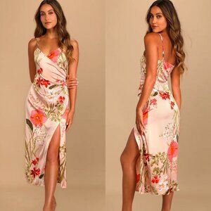 🦋 NWOT LULUS Remarkable Entrance Pink Floral Print Satin Midi Dress Small